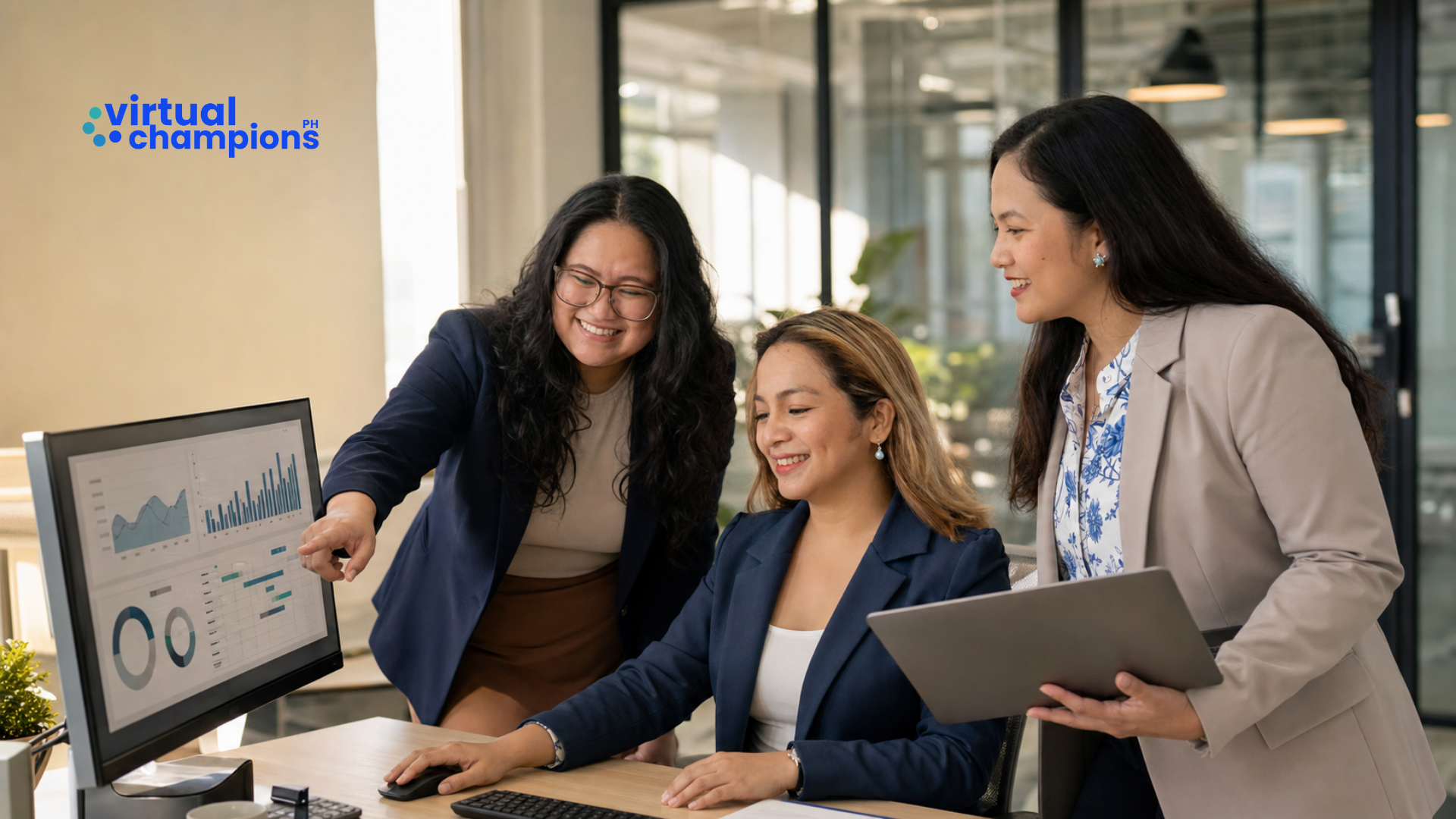 Filipino virtual assistant team reviewing process documentation with a client in a modern office