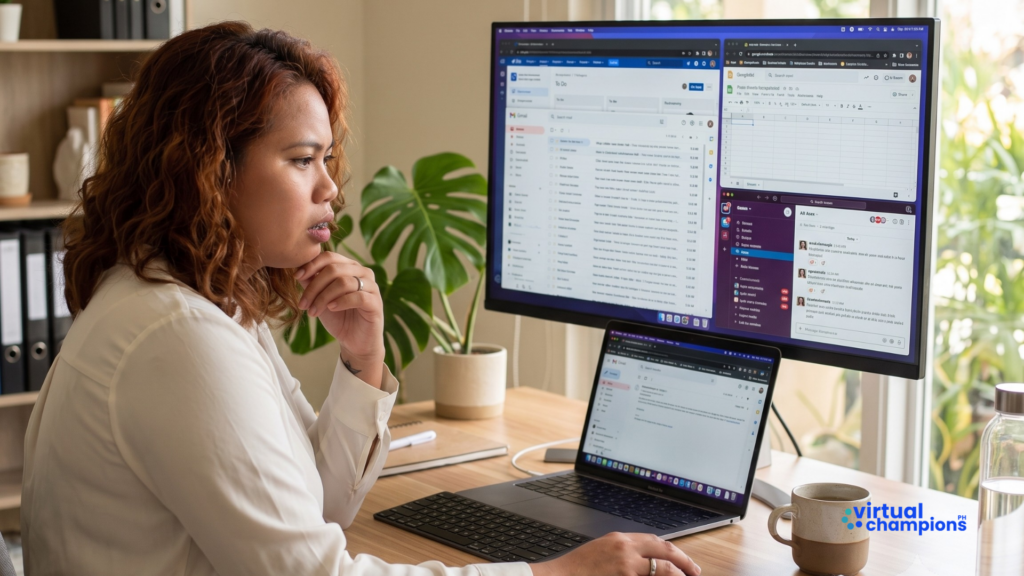 Operations manager staring at multiple scattered tools including Gmail, Slack, and spreadsheets on a large monitor