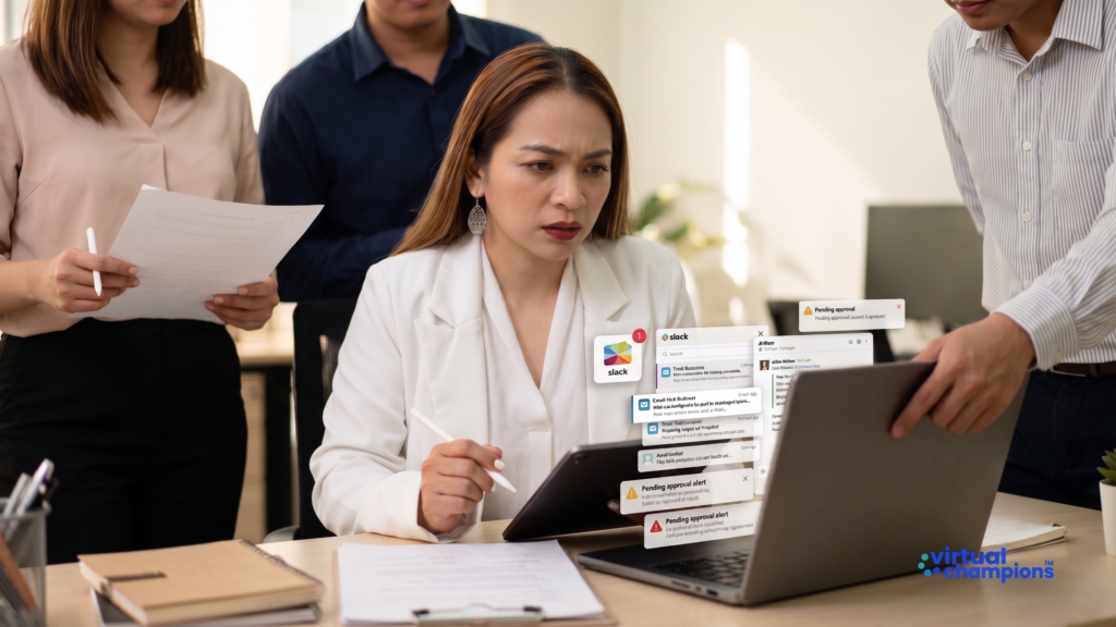 Overwhelmed business leader surrounded by pending Slack approval notifications while team waits for decisions