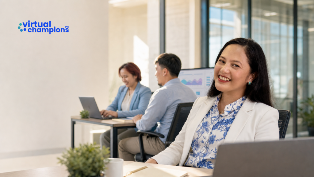 Business owner smiling confidently while virtual assistant team works independently in the background