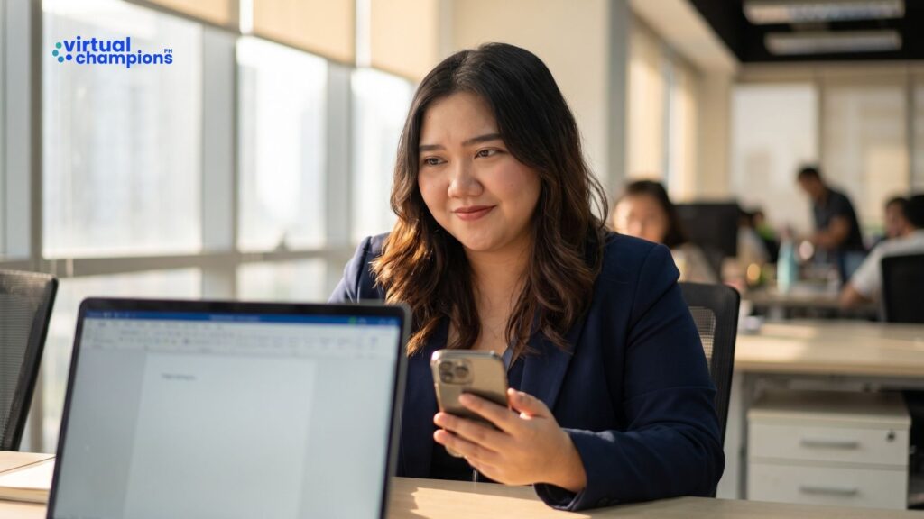Agency professional reviewing client onboarding details on phone and laptop after a deal is closed