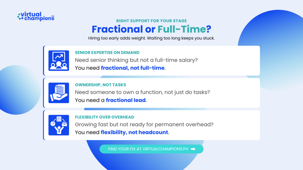 Infographic comparing fractional vs full-time hire based on expertise, ownership, and flexibility